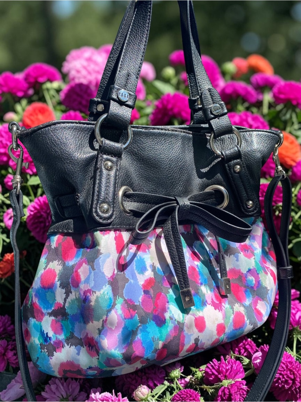 Vintage ELLE Floral Satchel Crossbody Bag Black Multicolor Y2K Boho